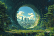A view of a futuristic city from within a lush circular tunnel, Generated AI..