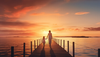 Wall Mural - A woman and child walk through a forest with pink flowers