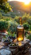 Olive oil bottle and olives with sunset in a rural setting, Generated AI.