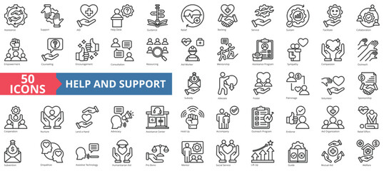 Help and support icon collection set. Containing assistance, service, aid, desk, guidance, relief, backing icon. Simple line vector.