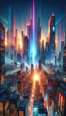 Wall Mural - a futuristic cityscape at dusk, illuminated by radiant neon lights and beams soaring upwards towards the sky, symbolizing technological advancement and a high-tech urban environment.