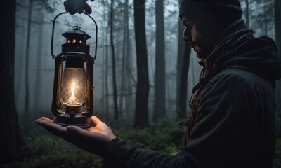 A contemplative man holds a lantern aloft in a dense, fog-laden forest, casting light upon the shrouded undergrowth. His presence brings a human element to the natural scene of mystery and exploration