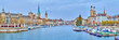 Zurich's iconic panorama showcases the Grossmünster and Fraumünster churches overlooking the Limmat River, Switzerland