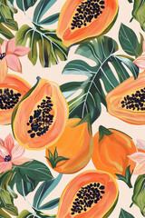 Poster - papaya pattern 70s painting on plain light colored background