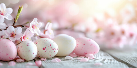 Decorative Easter eggs nestled among cherry blossoms on a rustic table, under soft spring light