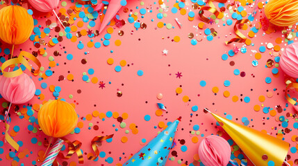 Wall Mural - party charakters background with charakters and confetti top view