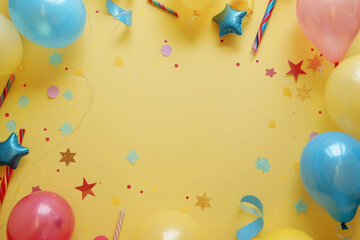 Poster - Birthday background top view. Frame of balloons and various party decorations on a pastel yellow background