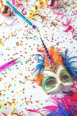 Poster - frame of carnival colorfull elements on a white background, focus on the foreground and lens blurre