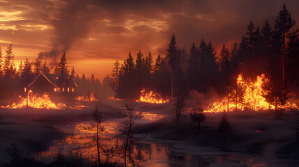 Wall Mural - burning vilage in the evening burning forest. Photoreal