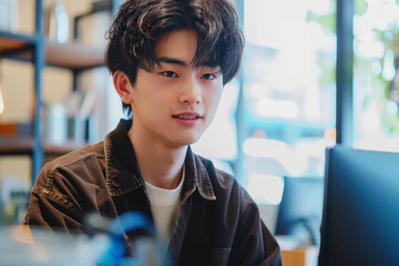 A young Japanese man with a beard and dark hair is sitting in front of a computer monitor. Japanese man in his 20s, wearing office casual clothes, operating a computer in a stylish office.