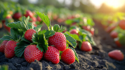 Close-up strawberry fields in sunrise