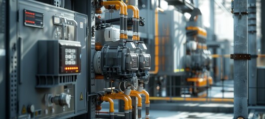 Wall Mural - Detailed view of industrial switchgear and transmission towers in a substation. The image showcases the complexity and robustness of electrical infrastructure in a modern industrial setting.