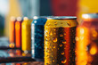 A row of cans of beer with condensation on the outside. The cans are of different colors and sizes. the front page of a energy drink beverage business plan