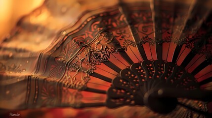 Wall Mural - A close-up shot of a traditional hand fan with delicate patterns and the words 