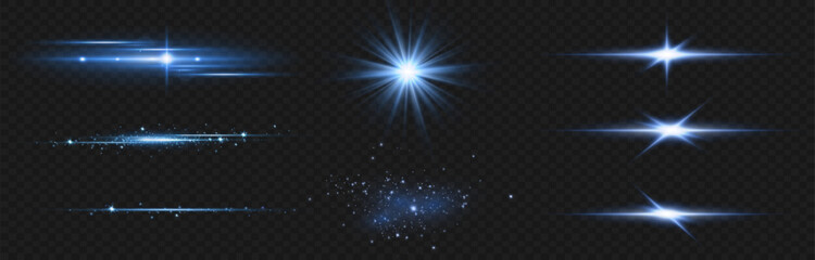 Wall Mural - vector illustration in blue color. set of light effects. glare and flash. bright beams of light. glo