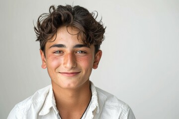 Wall Mural - A young man with brown hair and a white shirt is smiling