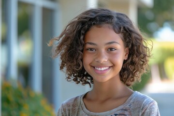 Wall Mural - A young girl with curly hair is smiling and looking at the camera