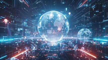 Poster - an immersive 3d animation displaying a holographic representation of planet earth within a futuristi