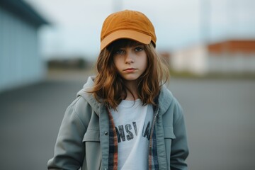 Wall Mural - Portrait of a beautiful young girl in a baseball cap on a city street.