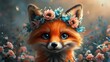 Realistic illustration of a cute fox cub with big blue eyes wearing a spring wreath of flowers on his head in spring style
