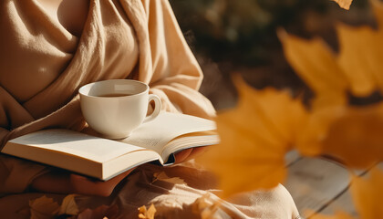 Wall Mural - A woman is sitting on a wooden bench with a book in her lap