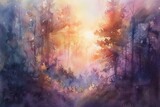 Fototapeta  - A watercolor painting of a sunrise over the forest, with delicate pastel