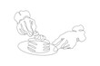 One continuous line. Chef's hands. The cook is preparing dessert. Baking. The chef stirs the food being prepared. One continuous line is drawn on a white background. Cooking food.