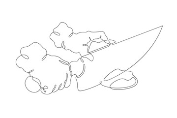 Poster - One continuous line. Chef's hands. The cook cuts food. Knife in hand. The chef stirs the food being prepared. One continuous line is drawn on a white background. Cooking food.