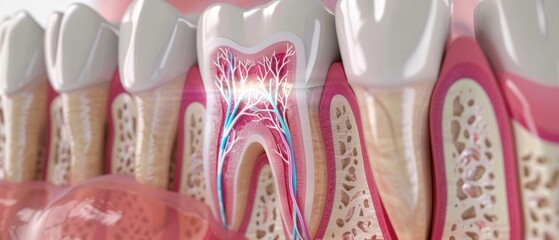 Wall Mural - Detailed 3D tooth model showing the infusion of minerals to strengthen against sensitivity