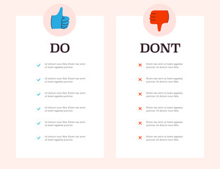 Do and dont list informative illustration, with approval and disapproval icons color scheme, ideal for instructional content