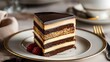 a slice of the famous Opera cake served invitingly on a beautiful plate