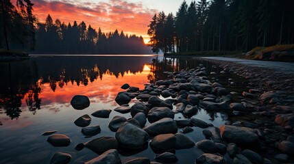 Wall Mural - A dramatic sunrise over a tranquil lake. Natural Landscape