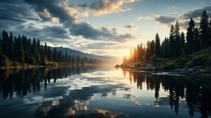 Wall Mural - A dramatic sunrise over a tranquil lake. Natural Landscape