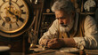 Timeless craftsmanship - An old watchmaker immersed in the precise art of horology surrounded by clocks.