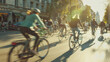 Cyclists in motion blur soaking up the sun on a bustling city street.