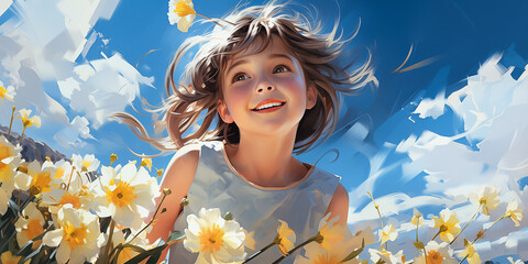 Wall Mural - A happy beautiful little girl in a white sundress stands against a background of blue sky and spring white and yellow flowers. A smiling girl walks in a field with daffodils. Peace and happy childhood