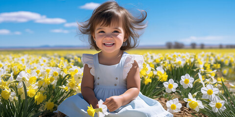 Wall Mural - A happy little girl in a white sundress sits in a clearing against a background of blue sky and yellow flowers. Smiling girl among the daffodils on a clear sunny summer day. Peace and happy childhood 