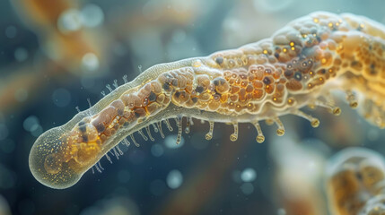 Flatworm. Close-up rendering of a microscopic single-celled organism with a translucent body, detailed textures, and tiny cilia