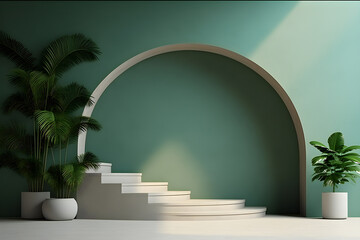 Poster - Round arch with stairs to the second floor, next to a large plants,  generated by AI. 3D illustration