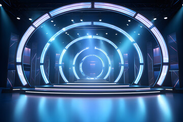 Poster - 3d illustration of a circle   podium against the background of a stage and glowing equipment. 3D rendering. Minimalist geometric background created by AI