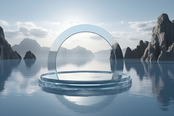 Poster - 3d illustration of a transparent circle podium on a background of water and mountains. 3D rendering. Geometric minimalism background,  generated by AI.