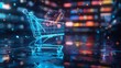 An engaging 3D animation of a holographic shopping cart filled with glowing digital products, symbolizing the convenience and futuristic aspect of online shopping. The scene is set against