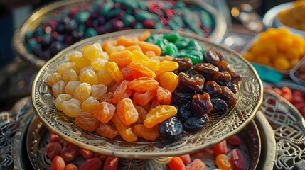 Wall Mural - A captivating shot of a decorative plate with colorful dried fruits, representing the diversity of flavors during Ramadan.