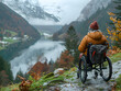 Wheelchair user admiring lake in mountainous natural landscape