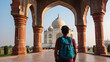 Photo real for Backpacker marveling at the Taj Mahal in Backpack traveling theme ,Full depth of field, clean bright tone, high quality ,include copy space, No noise, creative idea