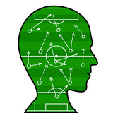 Fototapeta Łazienka - Silhouette of a human head with a drawn scheme and soccer game tactics. Isolated on white background. Stock vector mockup