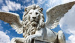 Close-up and bottom view of the marble statue of the Winged Lion of Saint Mark, symbol of the evangelist, the Venetian Republic and the Veneto Region. Generative Ai.