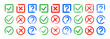 Dirty grunge cross x, tick OK and question check marks in check boxes, hand drawn with brush strokes vector illustration isolated on white background. Question mark, symbol NO, YES web button for vote