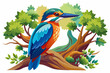 colorful kingfisher sits on tree with big tree, white background