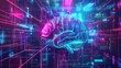 © flashmovie - A neon cyber brain 3D animation, floating in a vivid digital data space with pink and turquoise highlights, symbolizing artificial intelligence, cognitive science, and futuristic concepts
